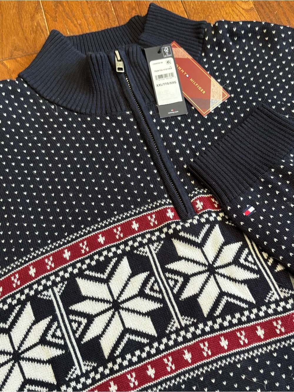 Tommy Hilfiger Men's 1/4 Zip Fair Isle Snowflake Sweater Navy Blue XXL